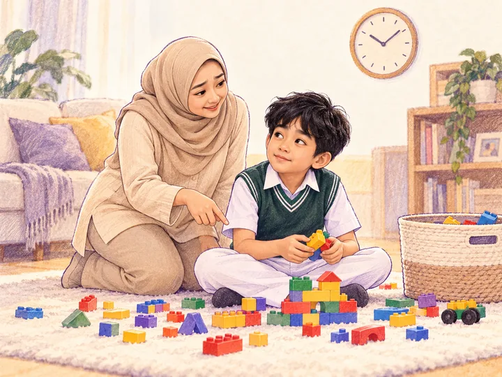 Bu Dea mengingatkan Gemma yang masih asyik bermain balok di karpet.