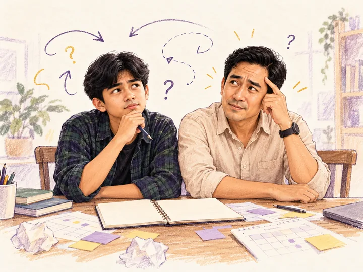 Beema dan Pa Aqaa termenung di depan buku catatan kosong, bingung harus mulai dari mana.