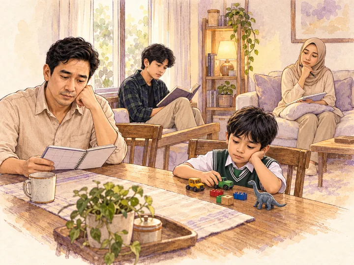 Pa Aqaa, Beema, Gemma, dan Bu Dea sibuk sendiri-sendiri di ruang keluarga.