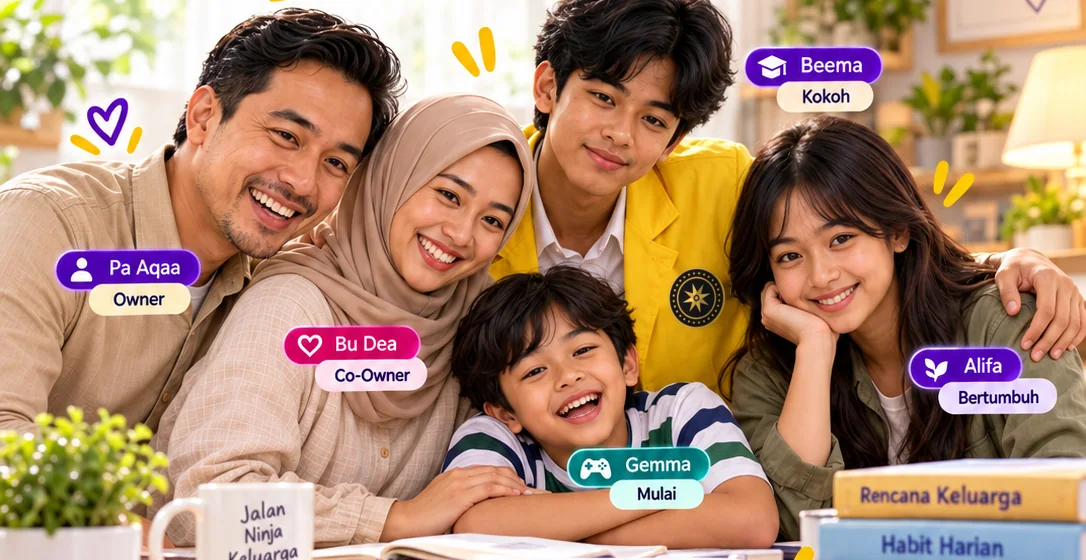 Ilustrasi keluarga Aqaa: Pa Aqaa, Bu Dea, Beema, Alifa, dan Gemma tersenyum bersama di meja rumah