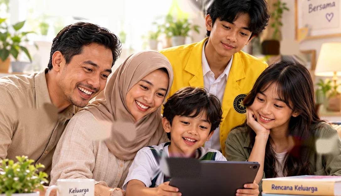 Keluarga Aqaa: Pa Aqaa, Bu Dea, Beema, Alifa, dan Gemma tersenyum bersama melihat tablet di meja rumah.